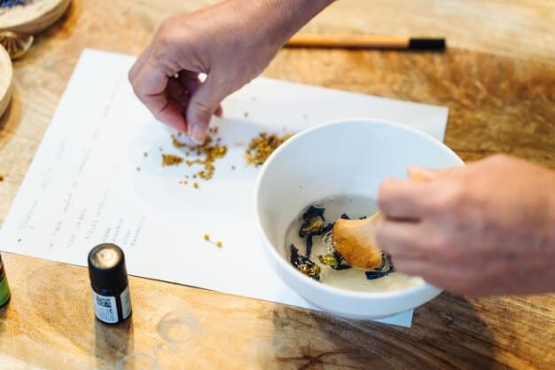 A step-by-step visual guide showing the process of making an herbal flea collar, including measuring ingredients, mixing herbs, and attaching them to a collar.