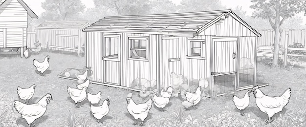 A detailed sketch or blueprint of a chicken coop design made from pallets, showing dimensions, materials list, and key features like nesting boxes, roosting bars, and a secure access door.