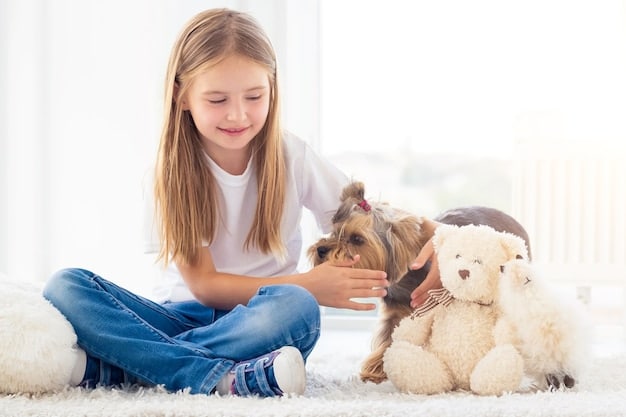 A young girl sitting on the floor, playing gently with a Jack Russell puppy. The girl is offering the puppy a soft toy, and the puppy is engaging with the toy instead of nipping at her hands.