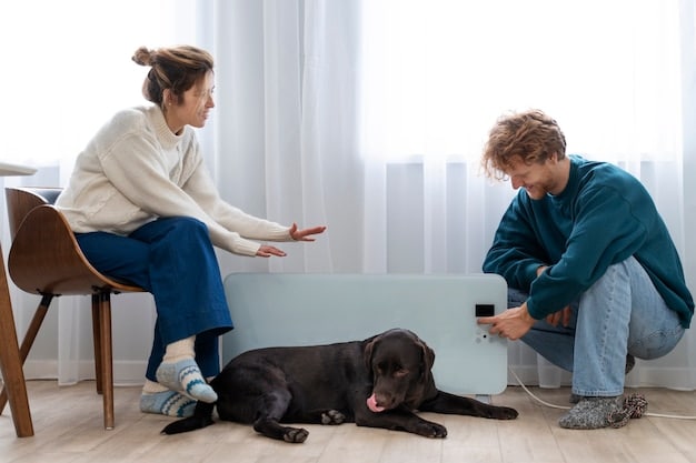 A small dog cautiously approaching an open dog crate with its owner kneeling nearby, offering a treat. The dog is sniffing the entrance of the crate, showing curiosity and tentative interest.