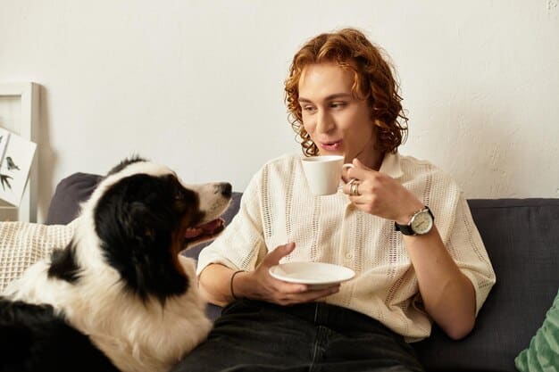 A close-up shot of a dog calmly eating from a bowl with a person's hand gently resting on their back. The dog appears relaxed and content, with a neutral facial expression.