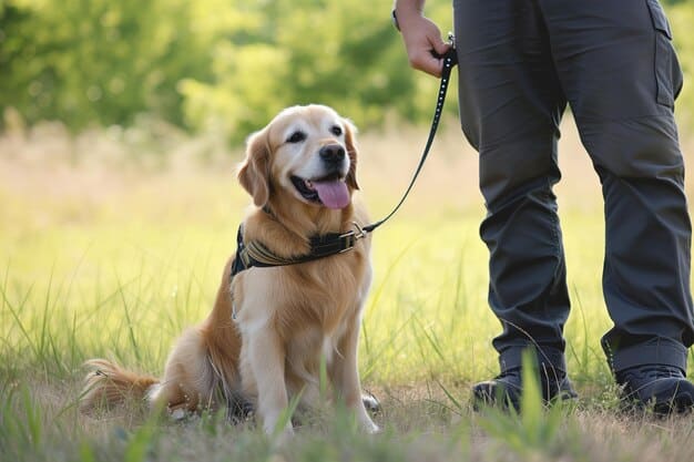 A Labrador puppy sitting patiently while its owner holds a treat in front of it, demonstrating the 