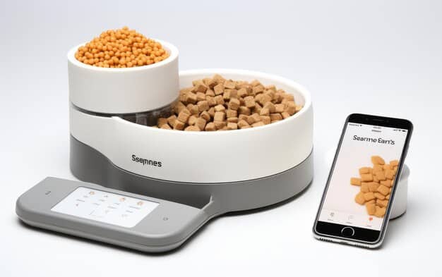A close-up shot of a smart pet feeder's control panel or smartphone app interface, highlighting features like customizable feeding schedules, portion control settings, and a notification system. The screen displays clear and user-friendly icons.