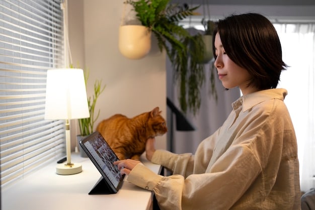 A pet owner filling out a pet insurance claim form with a tablet, while their dog looks on. The setting is in a cozy living room, suggesting convenience and accessibility of digital claims.