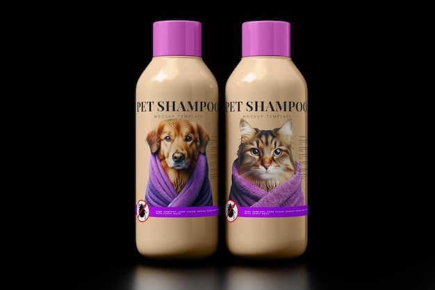 A side-by-side comparison of different dog shampoo bottles, each labeled with its specific use case, such as sensitive skin, odor control, and medicated for skin conditions. The background is a blurred pet grooming salon.