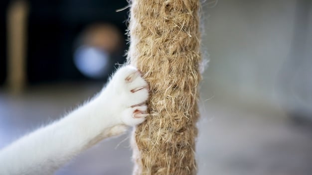 A close-up shot of a cat scratching a sisal-wrapped post on a budget cat tree, showing the texture of the material and focusing on the cat's claws.