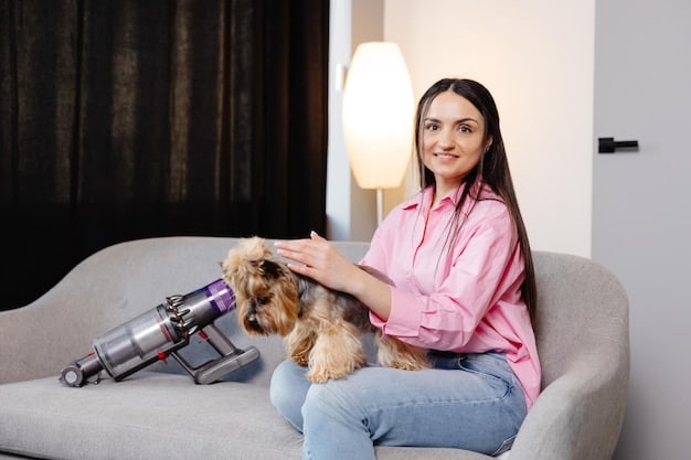 A person using the Dyson Pet Grooming Kit on a long-haired dog. The dog is standing calmly while the person gently brushes its fur. The vacuum is running in the background, and the environment is well-lit.
