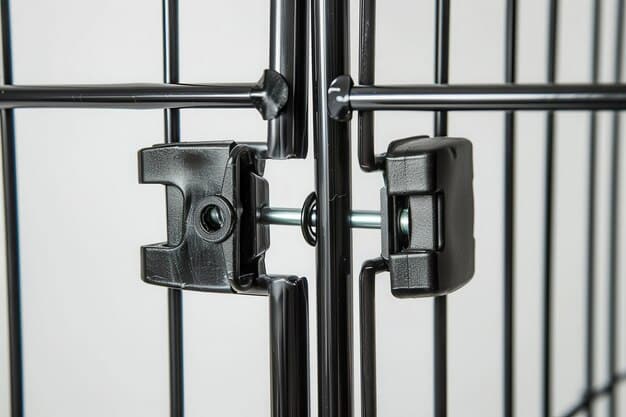 A close-up of a secure locking mechanism on a metal dog crate. The latch is sturdy and well-designed.