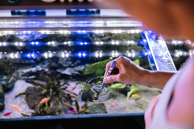A person troubleshooting a complex self-cleaning fish tank system, highlighting the potential challenges of maintaining the technology.