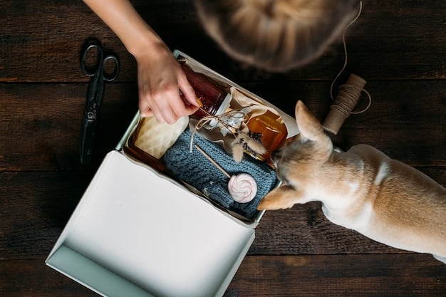 A close-up shot of an organized pet emergency kit, showcasing essential items such as pet food, water bottles, medications, a pet first-aid kit, leash, and waste bags. Everything is neatly packed in a durable, waterproof container.