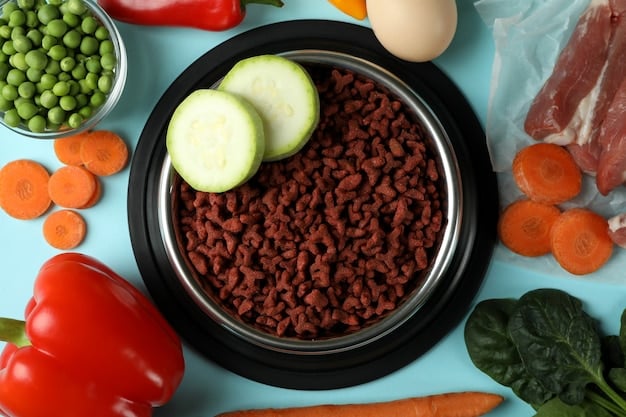 A split image: on one side, a bowl of dry pet food with common allergens highlighted (e.g., chicken, beef); on the other side, a bag of hypoallergenic pet food with a focus on limited ingredients.