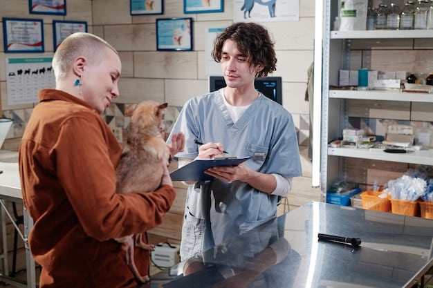 A veterinarian consulting with a pet owner, pointing to a chart of pet food ingredients while discussing the best nutritional options for the pet. The setting is a bright and modern veterinary clinic.
