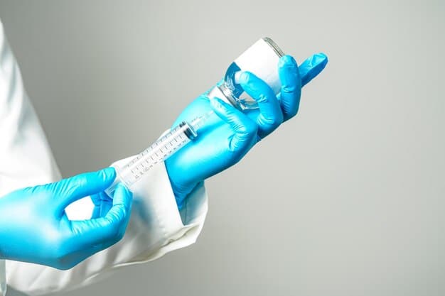 A close-up shot of a veterinarian's hands preparing a vaccine injection, emphasizing the technological advancements and precision in vaccine administration.