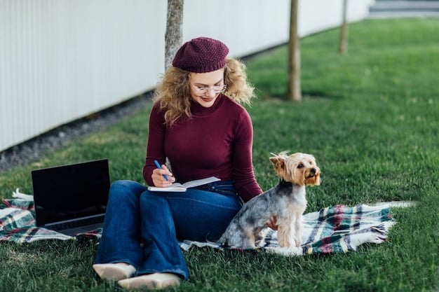 A woman is writing in a notebook while sitting on a park bench. Next to her, a well-behaved dog is sitting calmly. The scene suggests she is tracking the dog's training progress.
