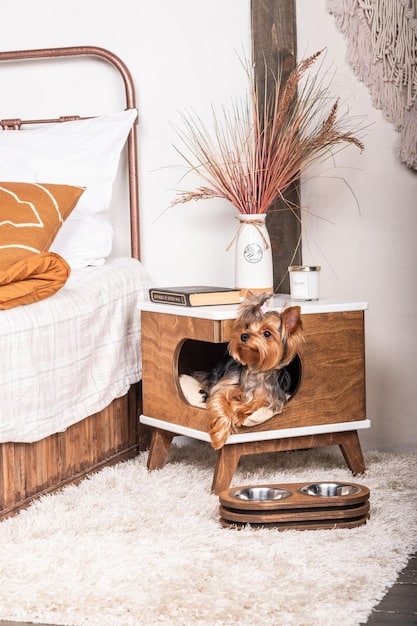 A cozy dog crate set up in a living room, featuring a soft bed, a water bowl, and several chew toys. The crate door is open, inviting the dog to enter.