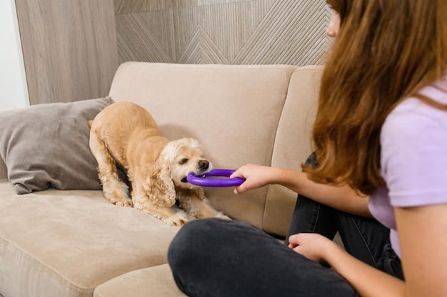 A person's hand holding a clicker next to a small, soft dog treat. The background is blurred, suggesting a home environment.