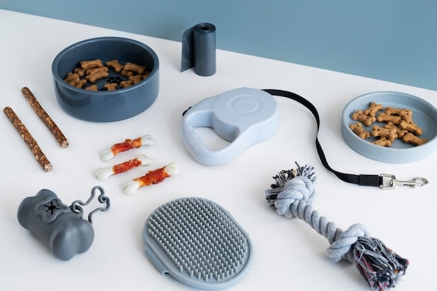 A variety of dog training equipment laid out on a table, including a clicker, a long leash, high-value treats in a treat pouch, and a comfortable harness. The background is blurred to focus on the equipment.