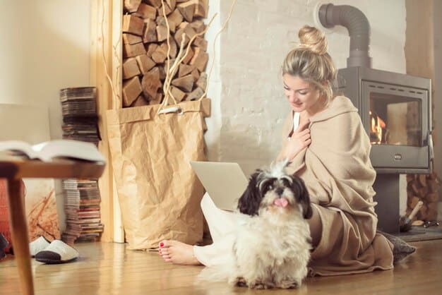 A small terrier mix is sitting on a mat with a chew toy, looking relaxed. A person is entering the room in the background, carrying grocery bags.
