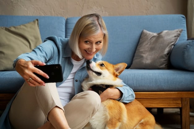 A concerned dog owner interacting with their senior dog at home. The owner is gently petting the dog, and both are looking at each other. The setting is a comfortable living room with soft lighting, indicating a loving, caring home environment.
