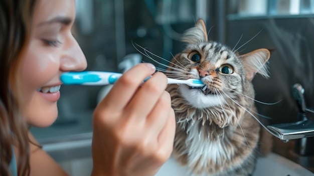 A veterinarian demonstrating how to brush a cat's teeth using a small toothbrush and cat-friendly toothpaste. The cat is relaxed and cooperative.