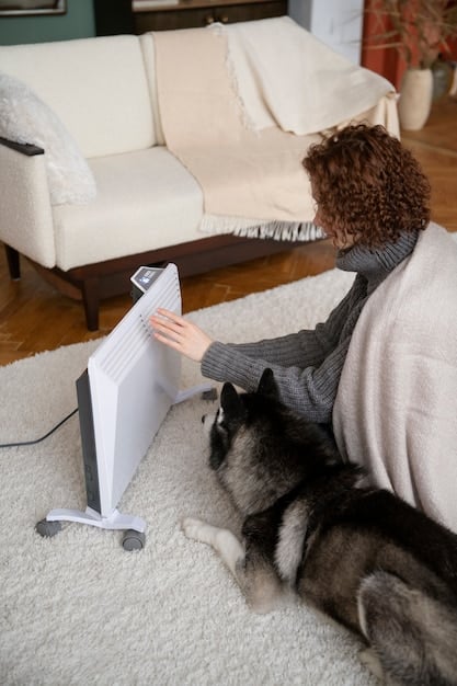 A HEPA air purifier running in a living room with a pet bed in the background, emphasizing the role of air filtration in managing pet allergens. Soft, natural light enhances the domestic setting.