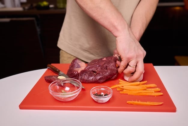 A visual guide demonstrating proper food handling techniques for raw meat intended for pets, including washing hands, using separate cutting boards, and storing food at safe temperatures.