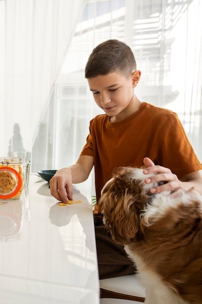 A concerned pet owner looking at a list of foods that are dangerous for pets, with a sad-looking dog sitting beside them.