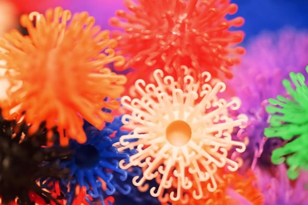Microscopic view of a diverse and healthy gut microbiome, showcasing various types of beneficial bacteria.