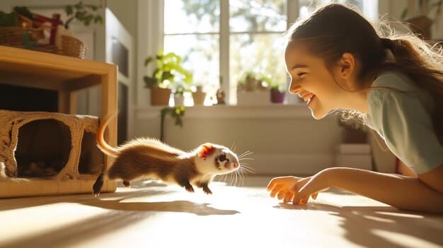 A split image: One side shows a happy child playing with a ferret in a sunlit room; the other side shows a ferret in a small cage, looking distressed.