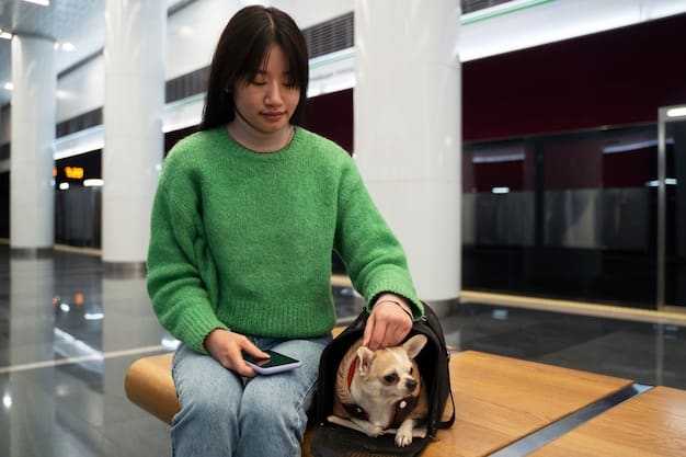 An airline employee checking a pet carrier at the check-in counter, with the owner standing nearby and a small dog visible inside the carrier, looking calm.