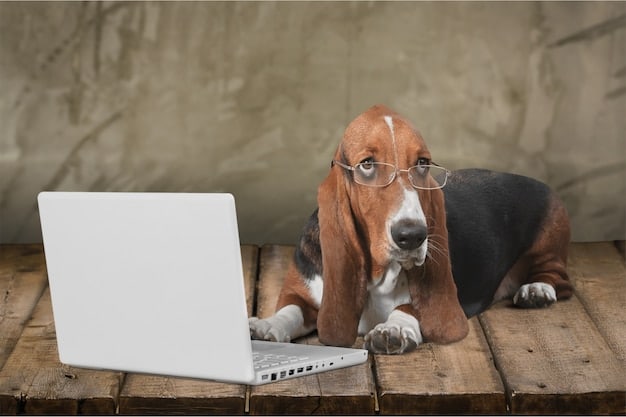 A dog sitting next to a laptop, with a shopping cart icon visible on the screen. The dog is looking at the camera with a curious expression, symbolizing the rise of online pet product sales.