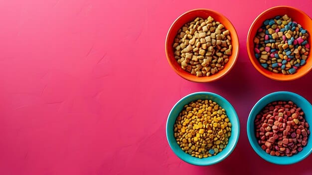 A close-up shot of different colorful, freshly prepared pet food ingredients in separate small bowls, like blueberries, salmon, spinach, and carrots, arranged on a wooden surface, emphasizing the freshness and natural components of personalized pet diets.