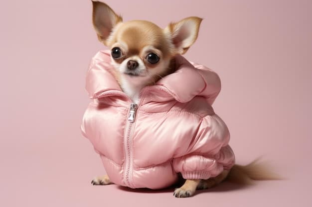 A chihuahua wearing a stylish puffer jacket, looking directly at the camera with a confident expression. The background is a modern, minimalist living room with soft lighting.