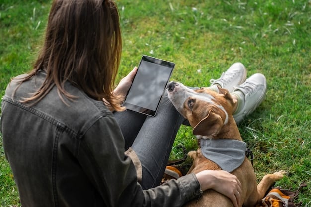 A close-up of a shelter volunteer using a tablet to update pet information in a digital database. The screen displays fields for medical history, personality traits, and adoption status.