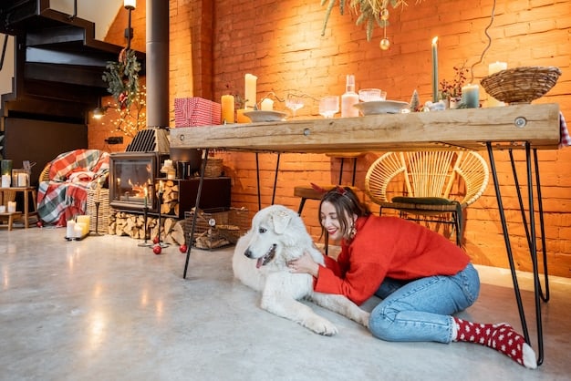 A cozy living room with a dog happily chewing on a new toy, and a cat perched on a scratching post, showcasing the need for enrichment and potential destruction of household items requiring replacement.