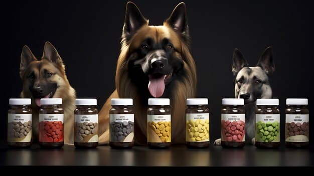 A split image showing a dog's DNA sequence on one side and a customized medication bottle on the other, illustrating personalized veterinary medicine.