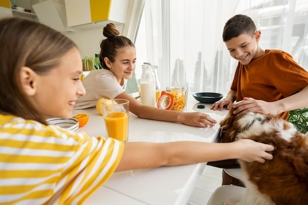 A dog happily chewing on a safe, veterinarian-approved chew toy while family members enjoy a holiday meal in the background, illustrating a way to keep pets occupied and away from dangerous foods.