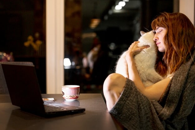 A person sitting at a desk, smiling, while searching for online deals on a laptop. A small, fluffy dog sits calmly on their lap, looking at the screen with curiosity.