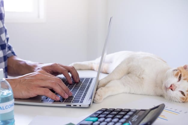 A person reviewing a tax form on their laptop, with adoption-related expenses highlighted, and their cat asleep next to them as if assisting with tax preparation.