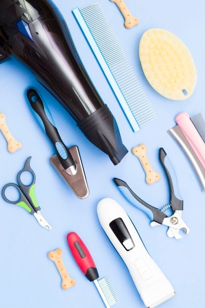 A close-up shot of various pet grooming tools, including different types of brushes, nail clippers, trimmers, and shampoo bottles arranged on a clean white surface.