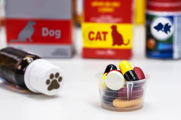 A close-up shot of various prescription bottles for pets, with a focus on the price tags and discounts available.
