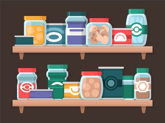A well-organized pantry shelf filled with various pet food bags, treats, and storage containers. Labels indicate different dietary needs and brands, showcasing bulk buying and organized storage.