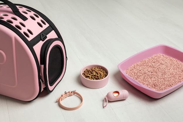 A close-up shot of a variety of new pet supplies, including a bag of high-quality dry food, colorful toys, a comfortable-looking pet bed, and grooming tools. The items are arranged neatly on a clean surface, highlighting the diverse needs of a new pet.