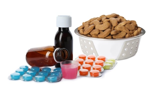 A split tablet prescription medicine spilling out of a bottle beside a pet's collar and leash illustrating the costs of pet medications.