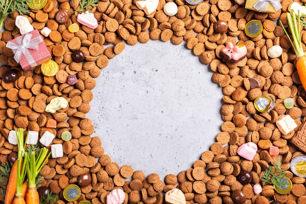 A diverse set of pet food ingredients displayed in a colorful collage with beef, chicken, and salmon options representing different diets.